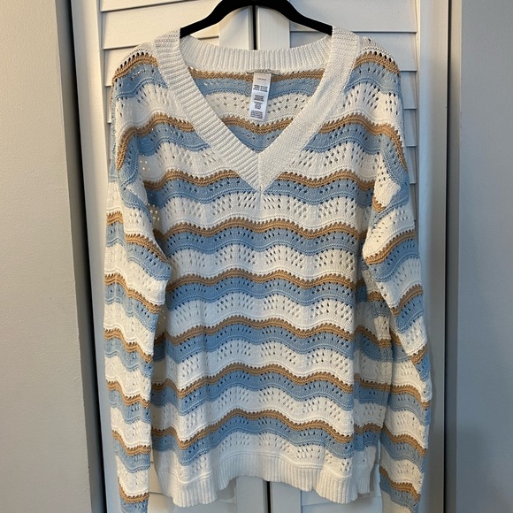 New Studio 1886 v neck Sweater striped open knit women’s Large L - Picture 1 of 5